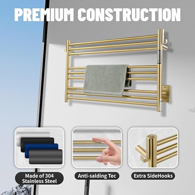 K&KALONZO Towel Warmer for Bathroom, Wall-Mounted 9-Bar Heated Towel Rack with Built-in Timer, Waterproof Electric Towel Heater, Support Plug-in and Hardwired, Brushed Gold, EL13M