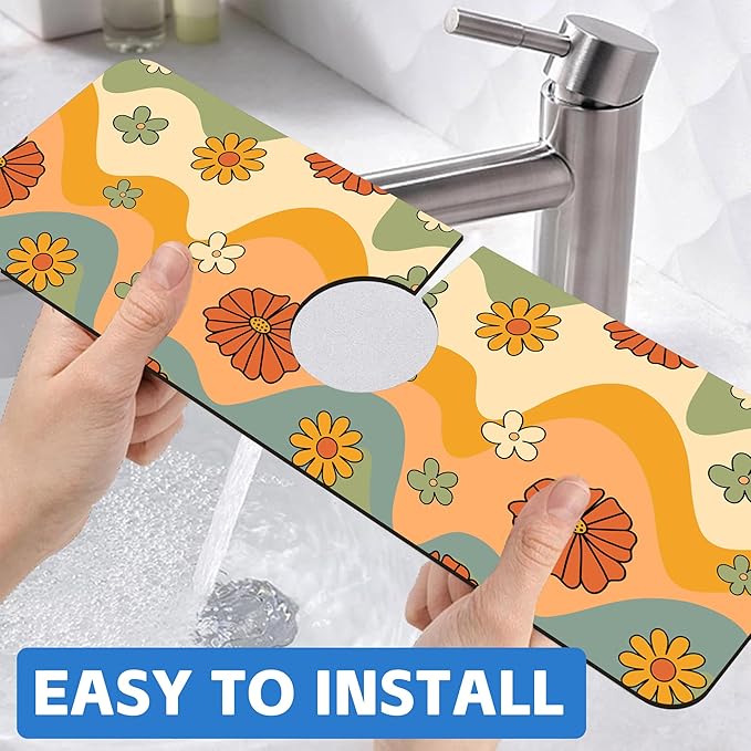 70s Groovy Flowers Sink Faucet Absorbing Mat Retro Waveas Splash Guard Behind Faucet Sink Mat Absorbent Fast Drying Faucet Draining Mat for Bathroom Kitchen 5.5"×15"