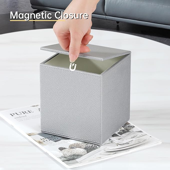 PU Leather Tissue Box Cover Square Tissue Box Holder with Magnetic Closure, Decorative Tissue Holder for Bathroom Bedroom Office (Silver)