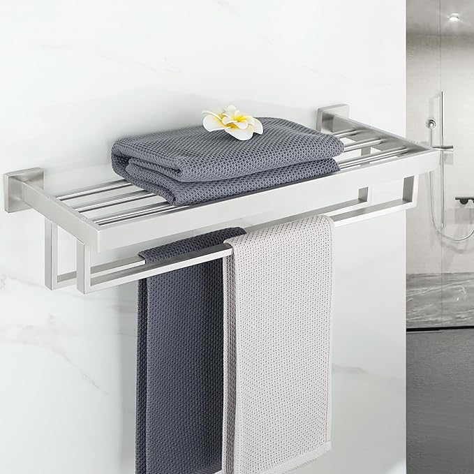 Alise Towel Rack with Double Towel Bars 24 Inch Towel Racks for Bathroom Wall Mounted,Bathroom Towel Holder Square Towel Hanger,SUS304 Stainless Steel Towel Shelf with Towel Bar,Brushed Nickel
