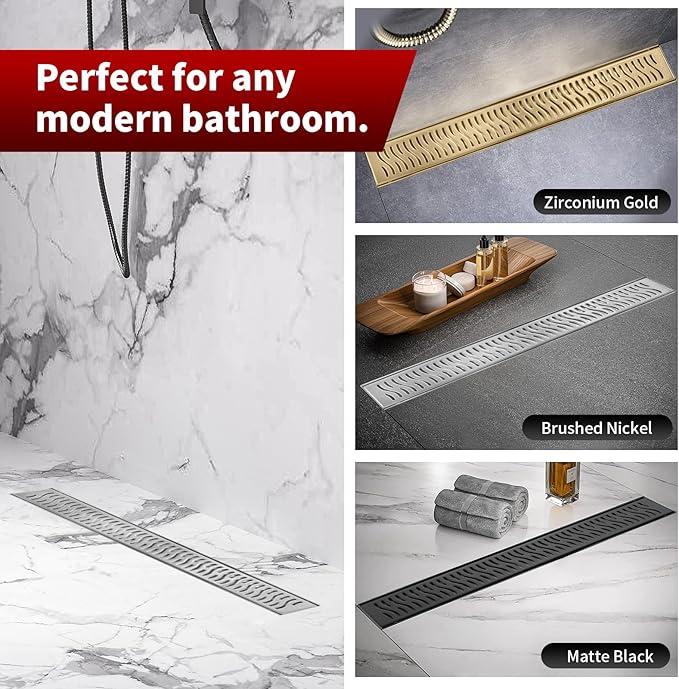 Sharp-tec Linear Shower Drain, 32 inch Shower Drain with Removable Pattern Cover, Brushed Nickel 304 Stainless Steel Rectangle Floor Drain, Adjustable Feet and Hair Strainer Included