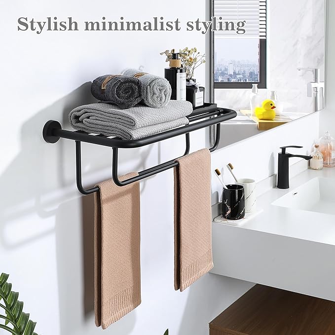 Alise Towel Rack for Bathroom,24 Inch Matte Black Towel Holder for Lavatory,Towel Hanger with Double Towel Bars for Bath Wall,Wall Mount SUS304 Stainless Steel Towel Drying Storage Shelf,GYSJ9260-B