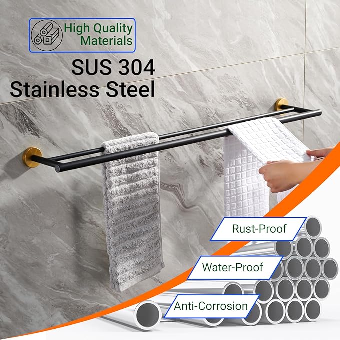 Miyili Bathroom Double Towel Bar 36-Inch Stainless Steel Bath Hand Towel Rack Wall Mount Black & Gold, A01BG90B