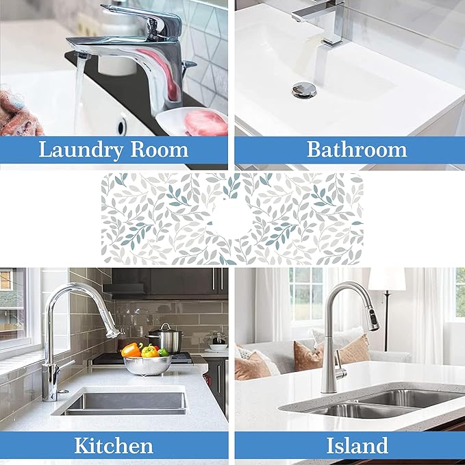 Grey Blue Leave Branche Faucet Mat for Kitchen Sink Botanical Flower, Soft Diatom Mud Material, Strong Water Absorption, Non-slip, Easy to Clean for Bathroom, Kitchen 15"X5.5"