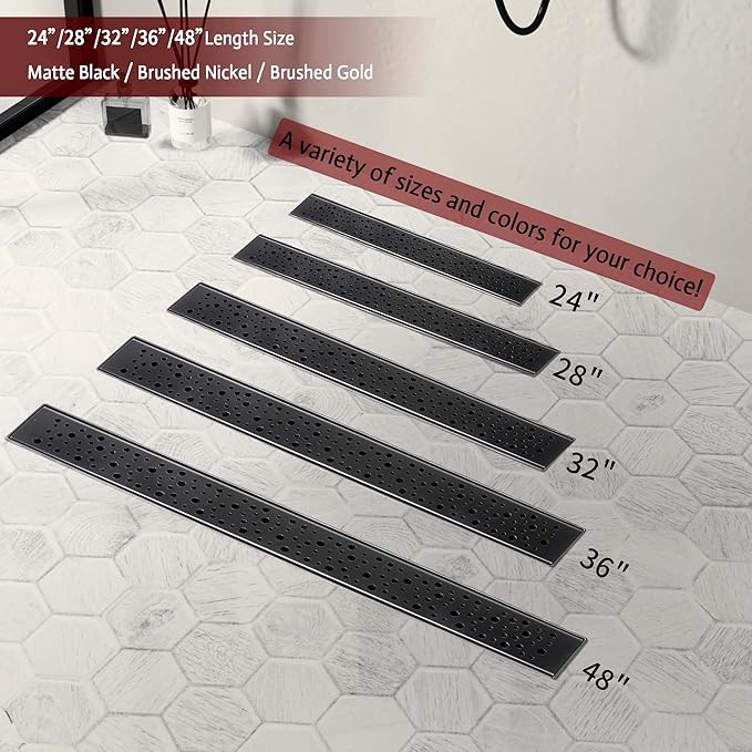 28 Inch Linear Shower Drain, Matte Black Shower Drain,Removable Grate, 304 Stainless Steel, Easy to Install and Clean for Bathrooms (Drain Base Not Included), LSD-19A-28B