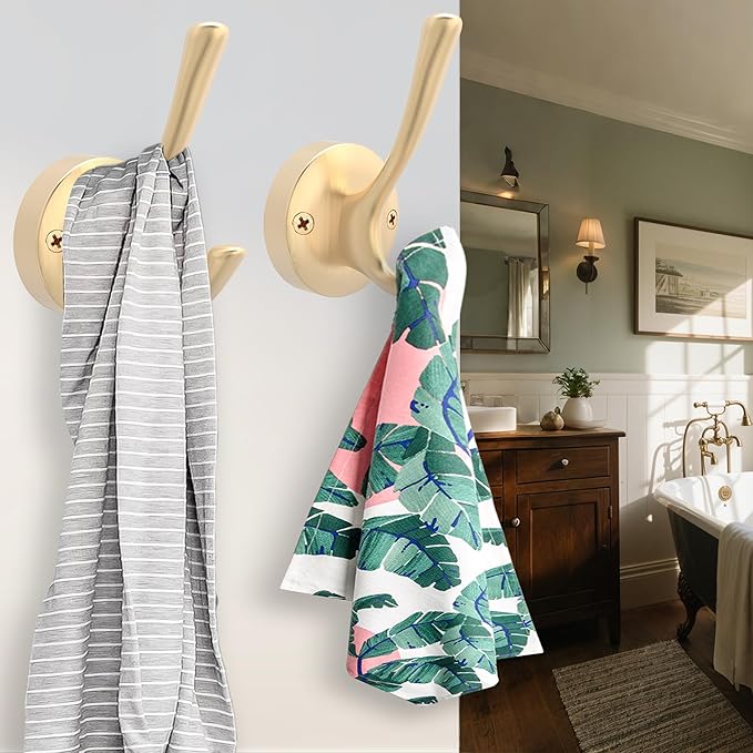 Gold Wall Hooks, 6 Pack Coat Robe Hook Heavy Duty Metal Double Bath Hook Wall Mounted, Hand Towel Hooks for Cubicle Bathroom Kitchen Closet Garage