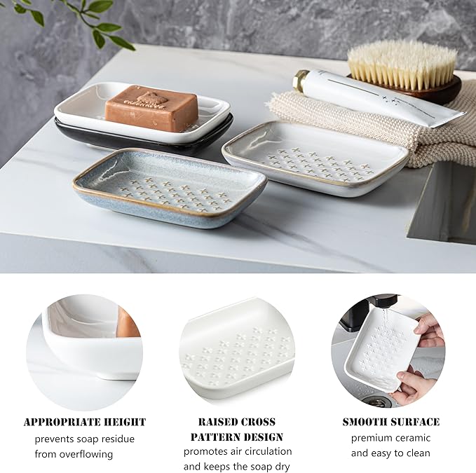 Gomakren Ceramic Soap Dish, Non-Slip Shower Soap Holder for Bathroom & Kitchen Sink, Soap Saver Tray for Bar Soap Sponge, 5.5 Inch, White