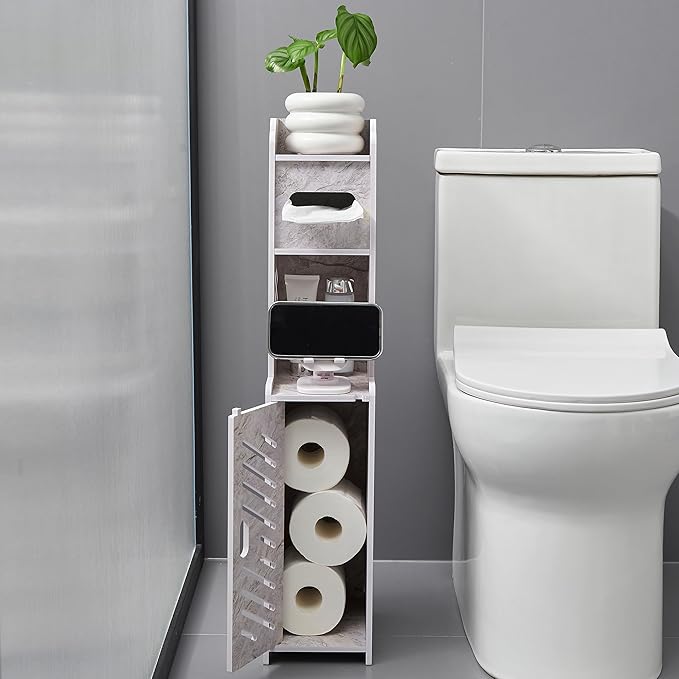 Doxo Small Bathroom Storage Cabinet, Behind Toilet Bathroom Organizer, Narrow Toilet Paper Cabinet for Restroom (Marble White)