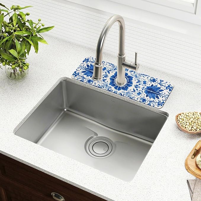 Kitchen Sink Splash Guard 1 PC 14.7 Inch Sink Faucet Mat Splash Guard for Bathroom Countertop Water Absorbent Foldable Cuttable Soft Washable Floral Blue and White Tile