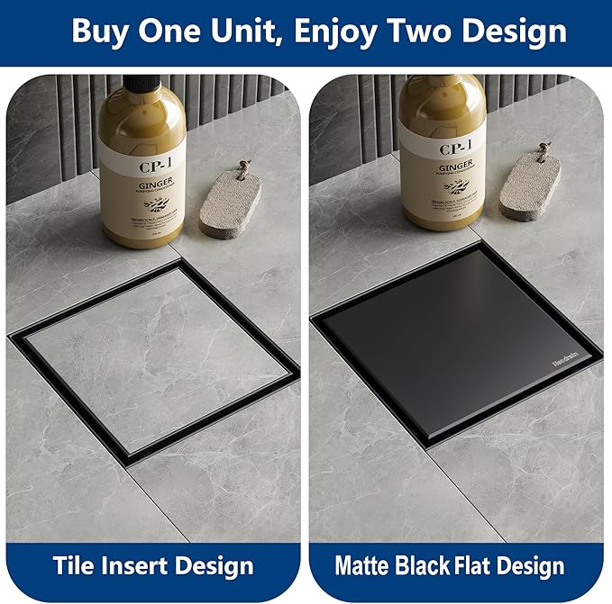 Neodrain 6-Inch Square Shower Drain with Removable Tile Insert Grate, 304 Stainless Steel, Includes PVC Shower Drain Base Hair Strainer, Matte Black