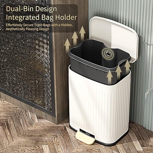 MRBIN Metal Bathroom Trash Can with Lid, Step Small Kitchen Waste Basket Touchless Soft Close, 12L / 3.2gal Rectangle Garbage Bucket with Stainless Steel Pedal for Office, Bedroom Accessories, White