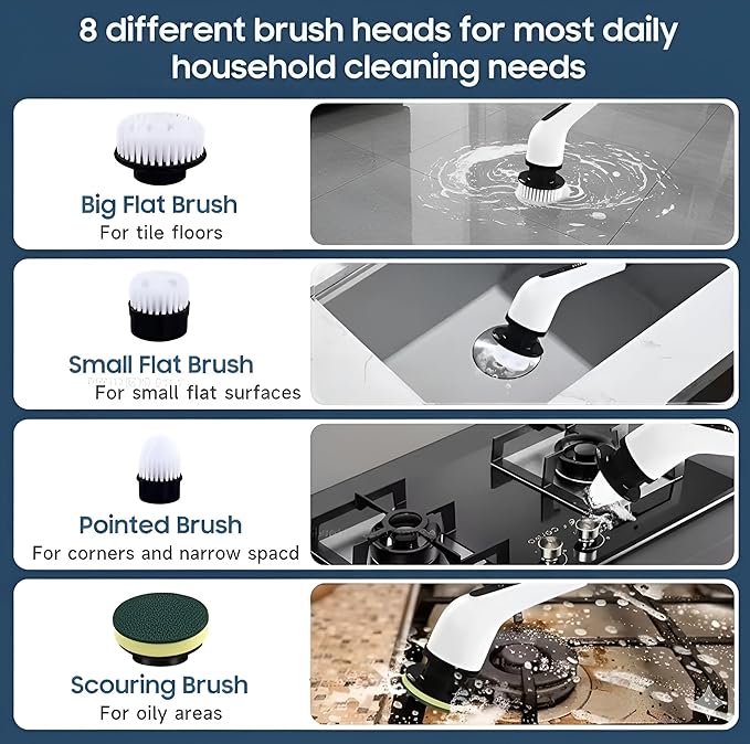 Electric Spin Scrubber for Cleaning with 9 Replaceable Brush Heads,Cordless Bathroom Cleaning Brush with 3 Speeds,IPX7 Waterproof,Adjustable Handle for Shower,Bathtub,carpet,Tile,Floor & Kitchen,White