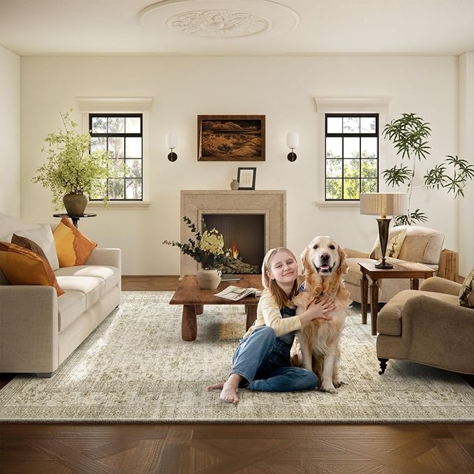 10x12 Area Rug Washable Rugs: Large Living Room Rug Stain Resistant Non Slip Distressed Vintage Low Pile Faux Wool Soft Carpet for Bedroom Farmhouse Dining Room Kids Playroom Nursery