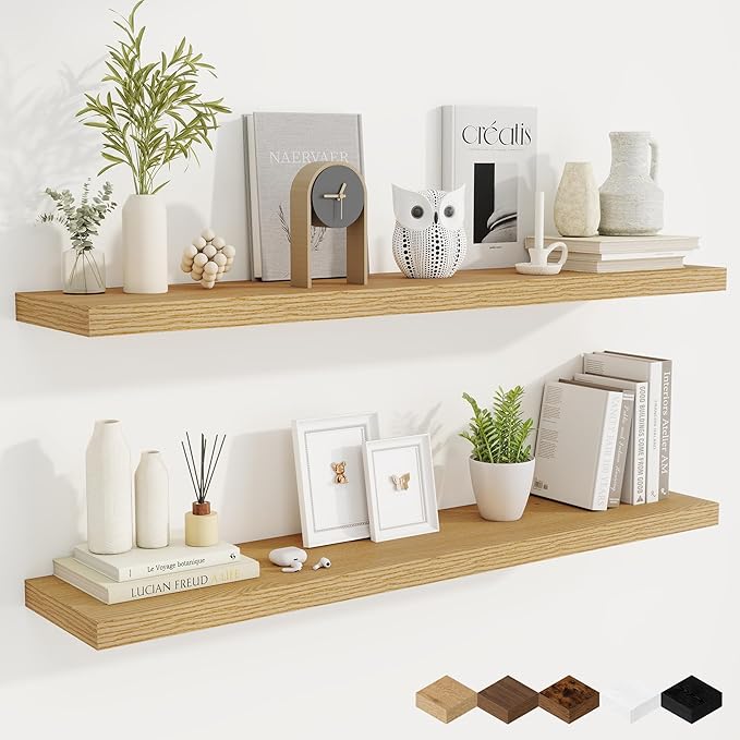 Fun Memories 48 Inch Deep Floating Shelves for Wall, 2 Pack of Long Wall Mounted Wood Shelves with Invisible Brackets for Bathroom, Bedroom, Living Room, Kitchen Decor and Storage, Oak