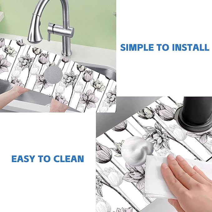 Water Lily Flower Kitchen Sink Splash Guard Mat Absorbent Fast Drying Mat Faucet Draining Mat Sink Splash Guard Behind Faucet Drip Catcher for Kitchen Bathroom 5.5"×24"