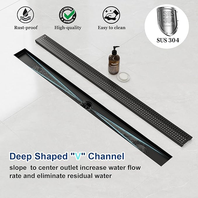 Neodrain 36-Inch Black Linear Shower Drain with Removable Quadrato Pattern Grate,304 Stainless Steel Rectangle Shower Floor Drain, Linear Drain with Leveling Feet,Hair Strainer,Matte Black