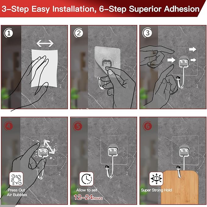 Large Adhesive Hooks 8-Pack, Heavy Duty 44lb(Max) Wall Hooks for Bathroom, Outdoor, Strong Self-Adhesive Towel & Coat Hooks, Waterproof Transparent Utility Hooks for Home Improvement