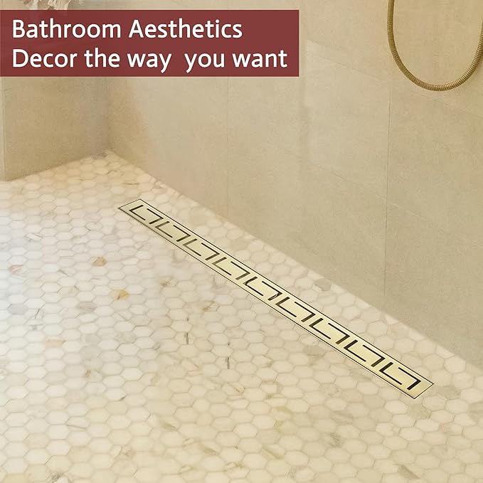 24 Inch Linear Shower Drain, Brushed Gold Shower Drain, Removable Grate, 304 Stainless Steel, Easy to Install and Clean for Bathrooms (Drain Base Not Included), LSD-30A-24G