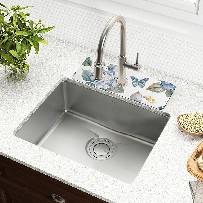 Blue Hydrangea Butterfly Kitchen Sink Splash Guard Faucet Mat Diatomite Absorbent Pad for Bathroom RV 14.7x5.4in 1PCS water