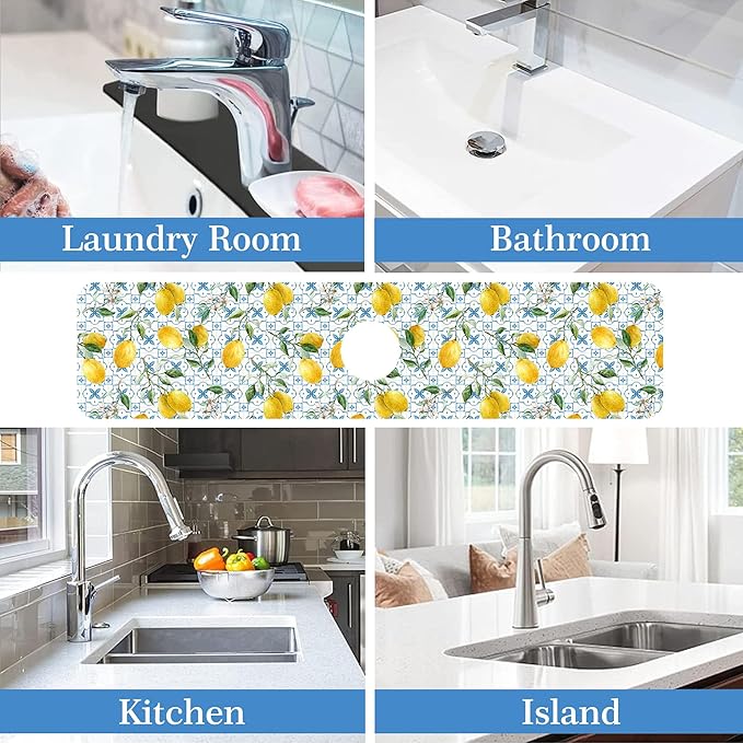 Faucet Mat for Kitchen Sink Sicilian Watercolor Lemon Blue Tile, Soft Diatom Mud Material, Strong Water Absorption, Non-slip, Easy to Clean for Bathroom, Kitchen 23.5"X5.5"