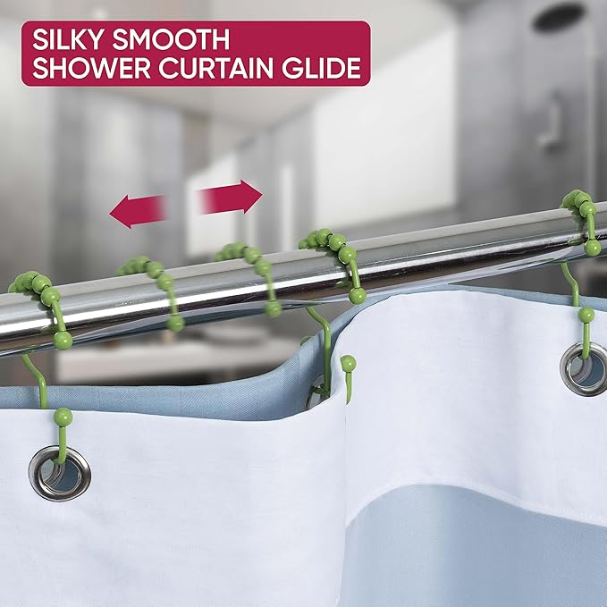 Shower Curtain Hooks Rust Proof (Set of 12) - Stainless Steel Shower Curtain Rings - Anti Slip Roller Balls for Easy Glide (Double Anchor Hooks, Lime Green)