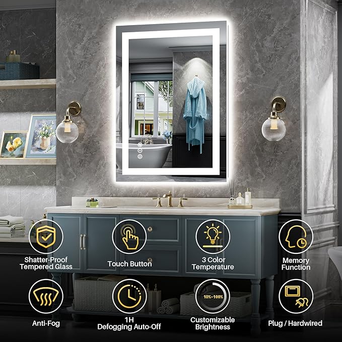 20"x28" LED Bathroom Mirror with Lights, Backlit & Front Lit, Anti-Fog Lighted Bathroom Vanity Mirror for Wall, Memory Function, Dimmable, HD Tempered Glass, Shatter-Proof