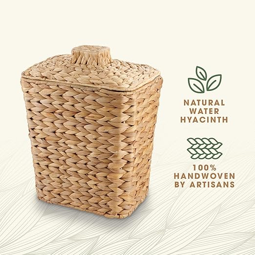 Wicker Trash Can with Lid and Liner - Rattan Trash Can for Bathroom - Decorative Wicker Waste Basket for Bedroom, Kitchen and Office (Natural Hyacinth)