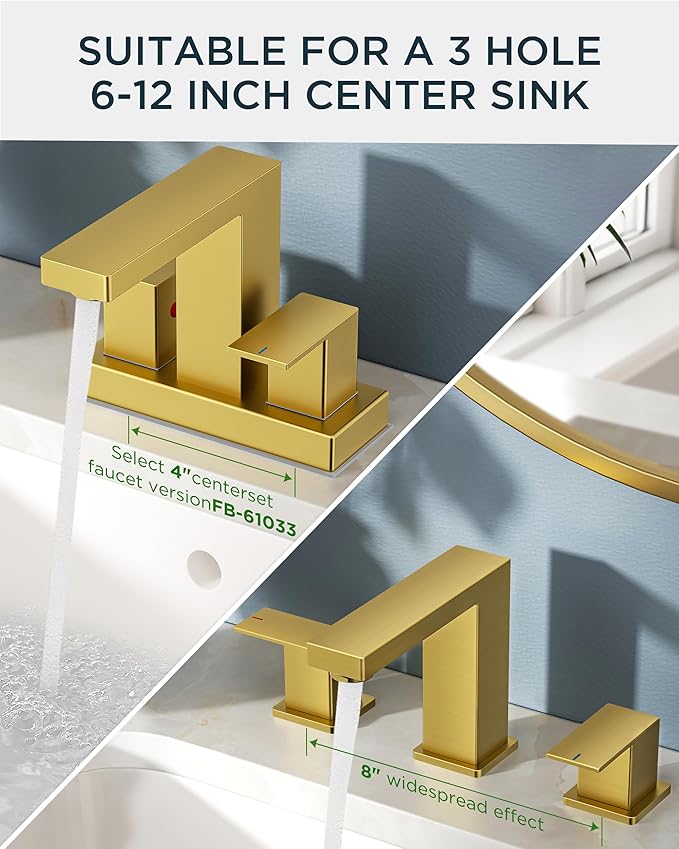 FORIOUS 8 Inch Widespread Gold Bathroom Faucet, Square 2 Handle Brushed Gold Bathroom Sink Faucet 3 Hole with Metal Drain, 24" CUPC Supply Lines and Spare Aerator, Vanity Sink Remodel