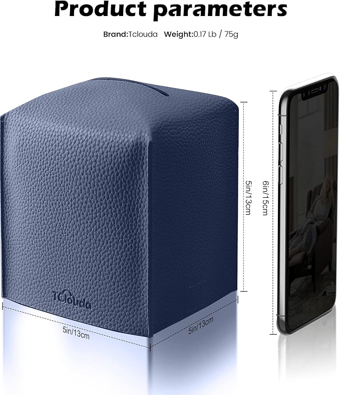 Tissue Box Cover for PU Leather, Modern Simple Solid Color Holder Square Tissue Bag, Ideal for Bathrooms,Office,Car,Outdoor Tent,Dining Table,5"X5"X5", Double Navy Blue