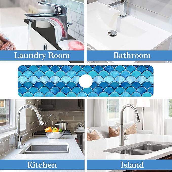 Mermaid Fish Scale Wave Faucet Mat Splash Guard Scale Texture, Soft Diatom Mud Material, Strong Water Absorption, Non-slip,Easy to Clean for Bathroom, Kitchen 23.5"X5.5"
