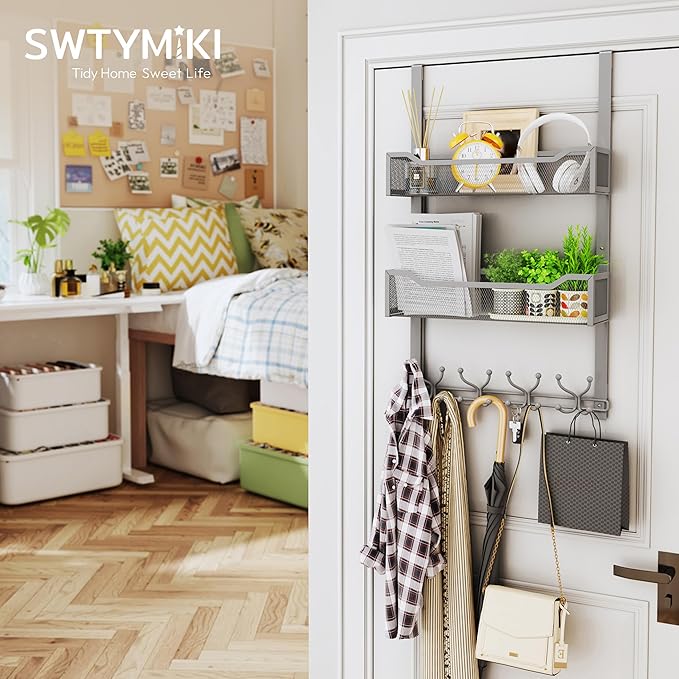 SWTYMIKI Over The Door Hooks Organizer - Multi-Functional Door Hanger with 16 Hooks & 2 Mesh Baskets, Long Coat Rack for Bathroom, Bedroom, Living Room, Home Storage Organizer, Gray