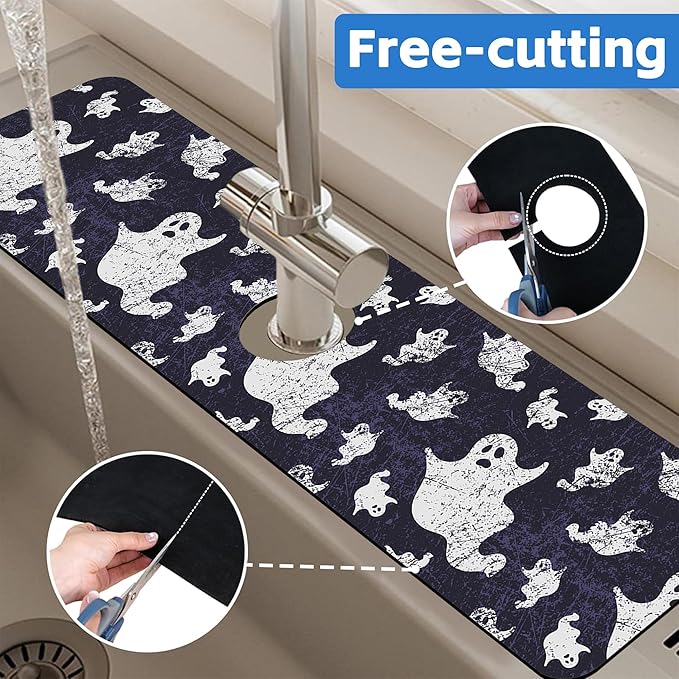 Halloween Vintage Ghost Dish Drying Mat for Kitchen Sink Splash Guard Behind Faucet Sink Mat Absorbent Fast Drying Faucet Draining Mat for Bathroom Kitchen 5.5"×24"