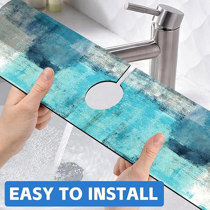 Kitchen Sink Splash Guard Faucet Mat Abstract Teal and Grey Geometric Absorbent Fast Drying Mat Faucet Draining Mat Sink Splash Guard Behind Faucet Drip Catcher for Kitchen Bathroom 24" X 5.5"