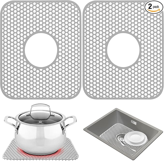 Sink Protectors for Kitchen Sink,2 PCS Silicone Kitchen Mat 13.58"x11.6",Non-Slip Bottom Guard Compatible with Farmhouse/Stainless Steel/Porcelain(Grey, Ceter Drain)