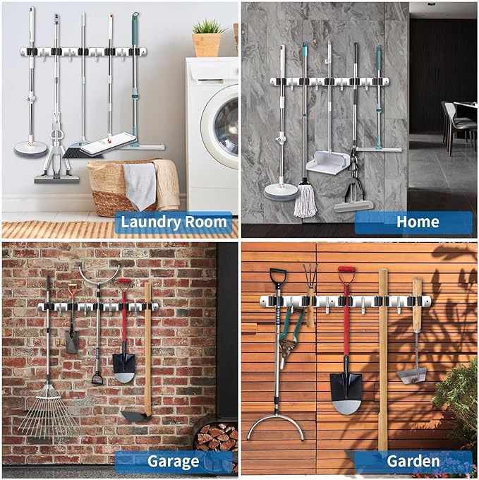 2 Pack Broom Holder Wall Mount, Stainless Steel Broom Hanger Wall Mount, Heavy Duty Mop and Broom Holder Tool Racks Utility Hooks for Laundry Room Garden Garage, Black (4 Racks and 5 Hooks)