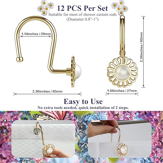 Gold Shower Curtain Hooks Rings, Decorative Shower Curtain Hangers, Heavy Duty Metal Shower Rings, Sunflower Shower Hooks for Shower Curtain Rod and Liner, Bathroom Curtain Hooks, Luxury Gold, iToplin