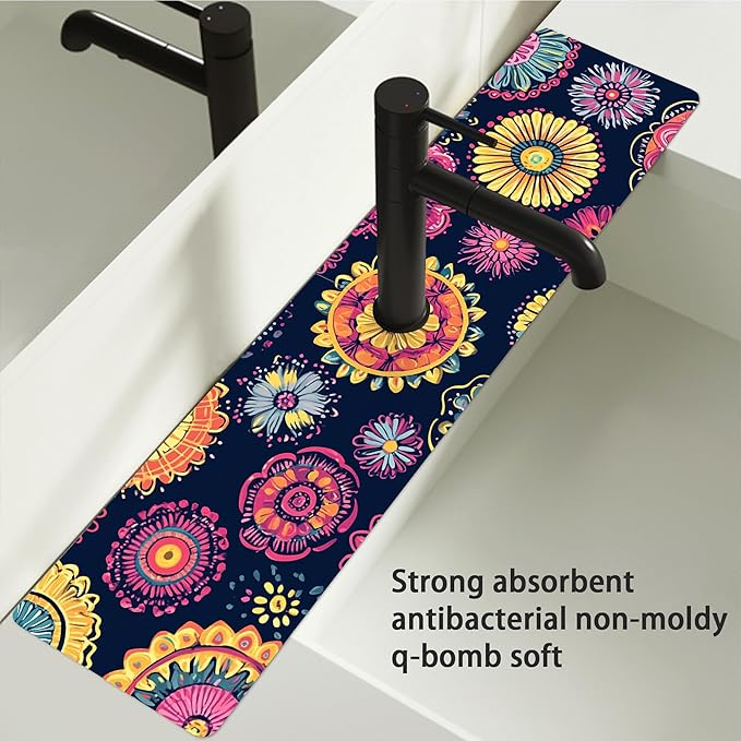 Bimkole 2 PCS Faucet Absorbent Mat, Kitchen Faucet Sink Splash Guard Wraparound Cloth Pads Drip Catcher for Sink Faucet for Kitchen Bathroom Faucet, Colorful Faucet Mat, 15 x 4 Inch Flower A6