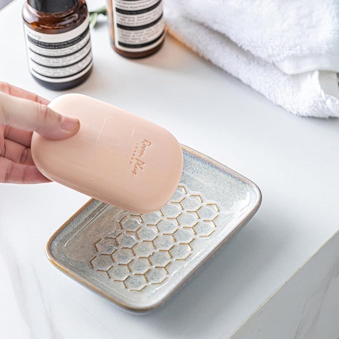 Gomakren Soap Dish for Shower, Ceramic Bar Soap Holder with Honeycomb Design - Soap Saver Tray for Bathroom Kitchen Sink, Sponge & Organizer Tray, Upscale Look, 5.5 Inch, Gray