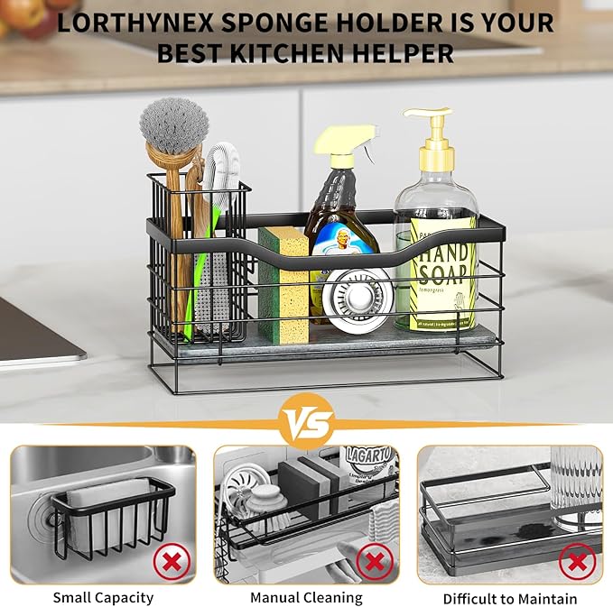 Sponge Holder for Kitchen Sink with Diatomite Drying Pad, Rust-Resistant Countertop Organizer, Adjustable Divider for Soap, Brush & Sponge