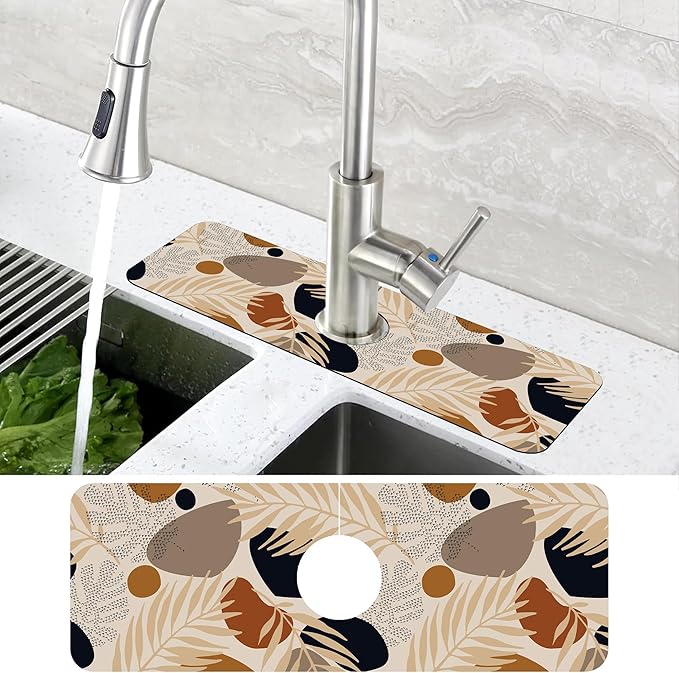 Boho Tropical Leaves Kitchen Sink Splash Guard Mat Absorbent Fast Drying Mat Faucet Draining Mat Sink Splash Guard Behind Faucet Drip Catcher for Kitchen Bathroom 5.5"×15"
