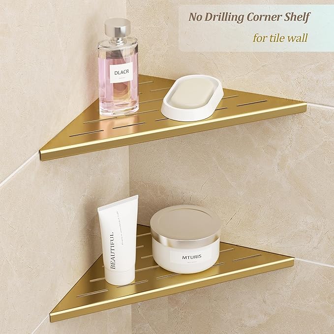 Neodrain 10 Inch Golden Corner Shower Shelves,Set of 2, Gold Corner Shelf for Tile Wall Insert, 304 Stainless Steel Shower Storage Shelves for Bathroom,No Drilling