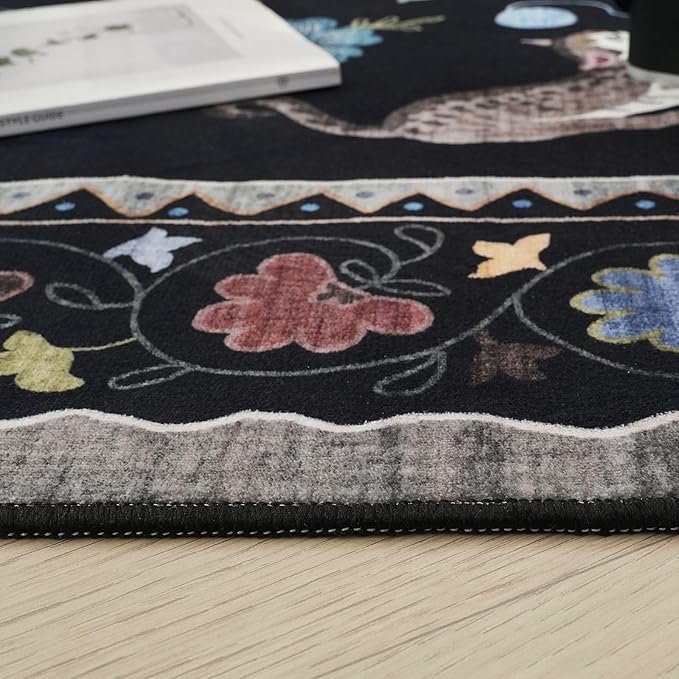 Rugcomf Runner Rug for Kitchen Non Slip 2'x6' Washable Rugs with Rubber Backing Soft Floral Animal Cat Carpet Runner for Kitchen Laundry Bedroom Bathroom, Black