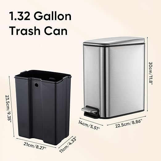 1.3 Gallons 5 Liter Stainless Steel Trash Can Dust Bin Waste Bin Kitchen Bathroom Garbage Can Pedal with Lid Silver