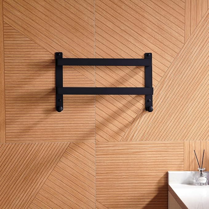 16 Inch Double Towel Bar with Hooks Matte Black, Stainless Steel Bath Shower Towel Rack Wall Mounted Towel Rod Holder for Bathroom