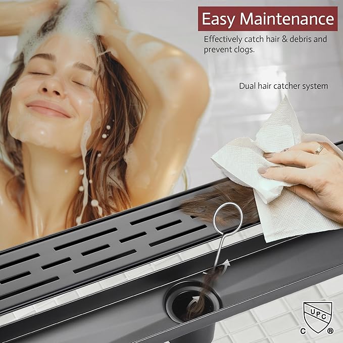 12 Inch Linear Shower Drain, Matte Black Shower Drain,Removable Grate, 304 Stainless Steel, Easy to Install and Clean for Bathrooms (Drain Base Not Included),LSD-01A-12B