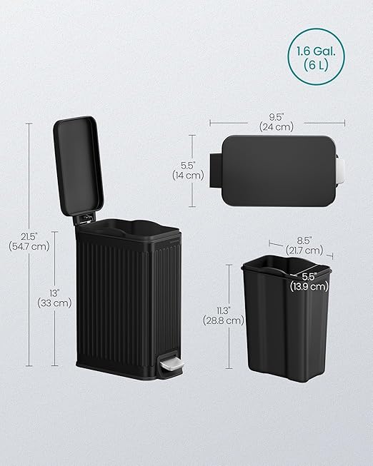 SONGMICS Bathroom Trash Can, 1.6-Gallon (6 L) Trash Bin with Lid, Slim for Small Spaces, Stainless Steel Garbage Can, Soft Close, Black ULTB563B02