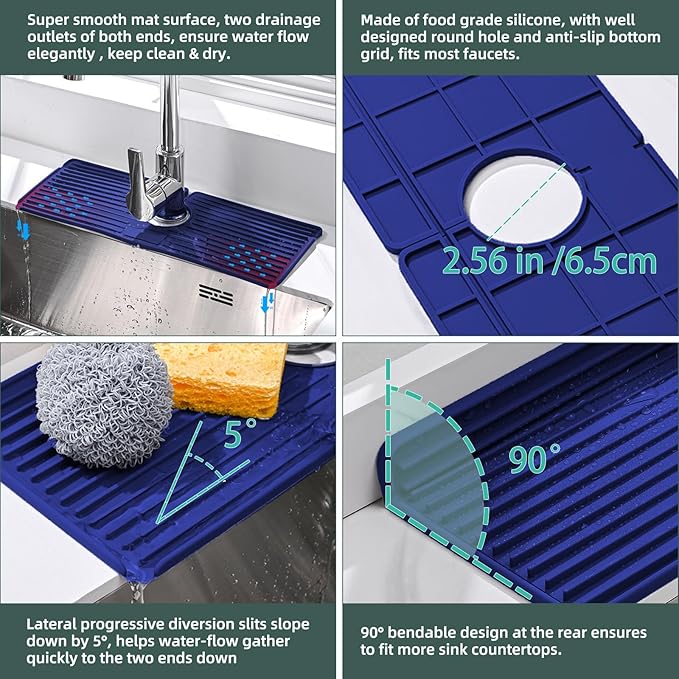 Faucet Mat for Kitchen Sink, Silicone Faucet Handle Drip Catcher Tray, Drying Mat as Sponge and Soap Holder with Lateral Inflow for Kitchen Bathroom Farmhouse & RV Sink Accessories (Blue)