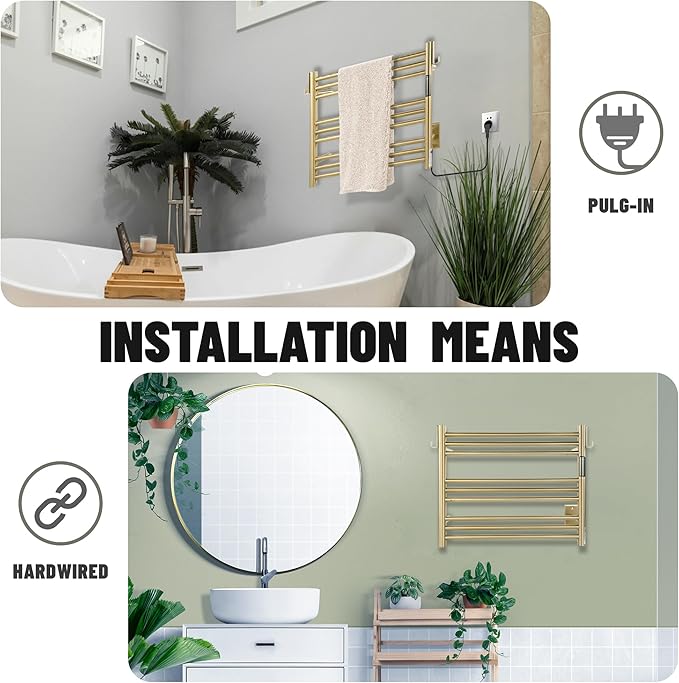 K&KALONZO Towel Warmer for Bathroom, Wall-Mounted 9-Bar Heated Towel Rack with Built-in Timer, Waterproof Electric Towel Heater, Support Plug-in and Hardwired, Brushed Gold, EL13S