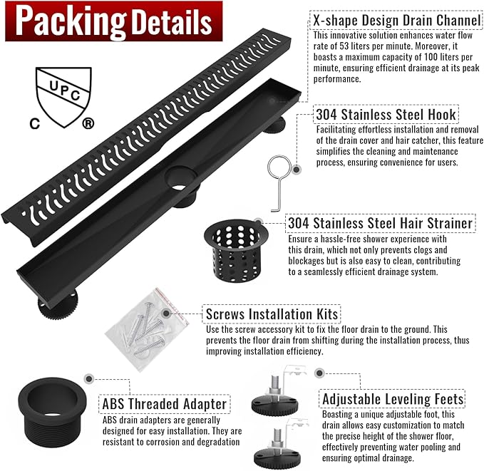 24 Inch Linear Shower Drain, Matte Black Shower Drain,Removable Grate, 304 Stainless Steel, Easy to Install and Clean for Bathrooms (Drain Base Not Included), LSD-51A-24B