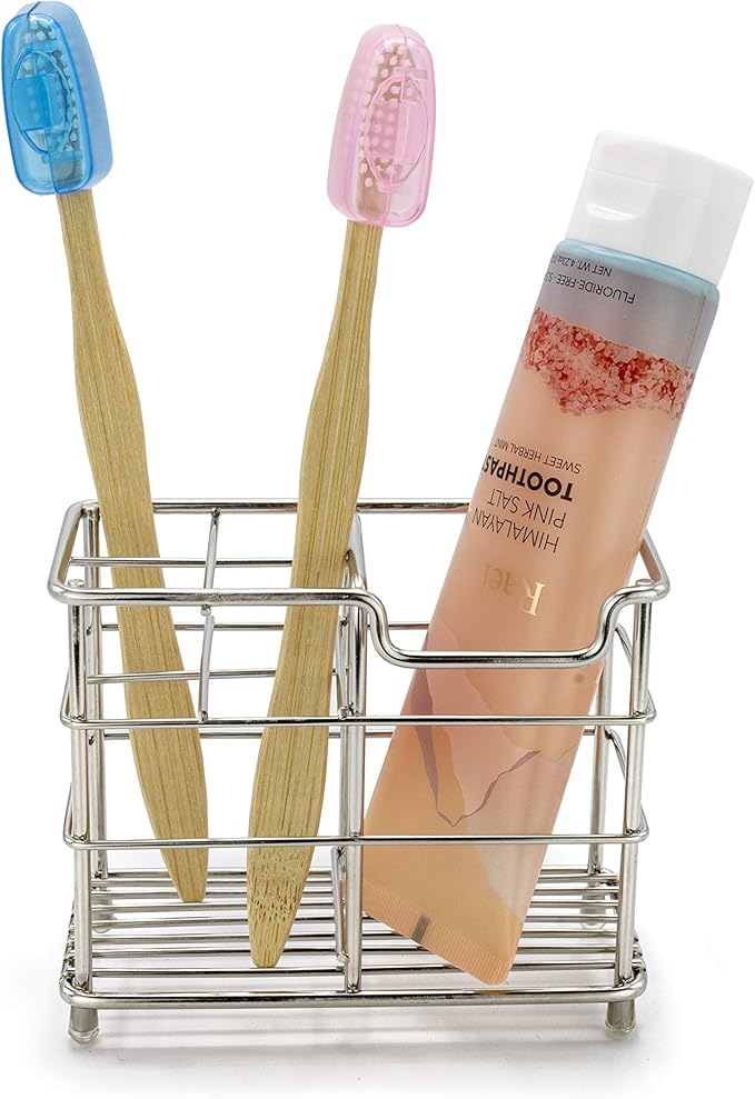 Brookstone Minimalistic Toothbrush Holder for Bathroom, Holds Regular & Electric Brushes, Anti-Rust Stainless Steel Constructions, Quick Dry Open-Air Ventilated Design. Bonus: 5 Protective Covers